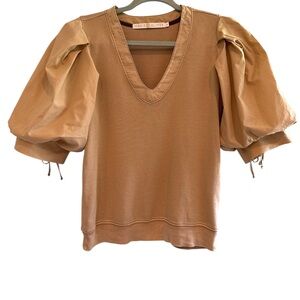 Marie Oliver Tan Puff Sleeve Blouse V-Neck Short Sleeve